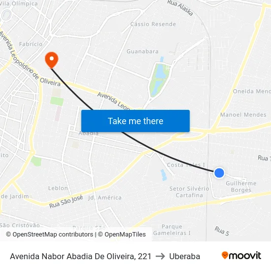 Avenida Nabor Abadia De Oliveira, 221 to Uberaba map