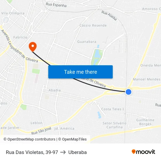 Rua Das Violetas, 39-97 to Uberaba map
