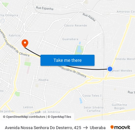 Avenida Nossa Senhora Do Desterro, 425 to Uberaba map