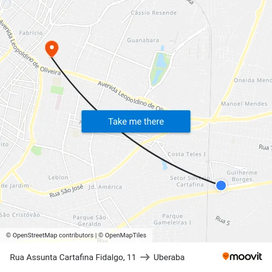 Rua Assunta Cartafina Fidalgo, 11 to Uberaba map
