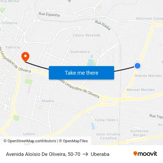 Avenida Aloísio De Oliveira, 50-70 to Uberaba map