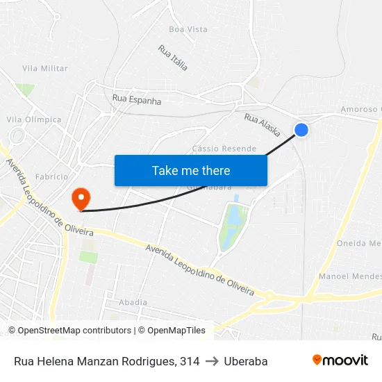 Rua Helena Manzan Rodrigues, 314 to Uberaba map