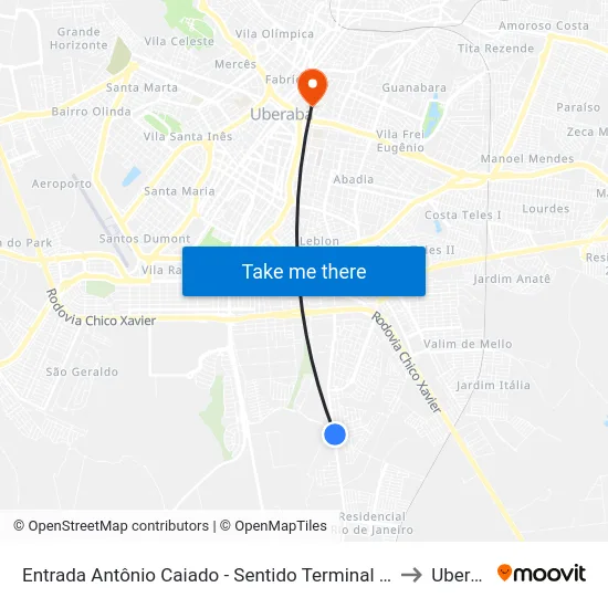 Entrada Antônio Caiado - Sentido Terminal Gameleiras to Uberaba map