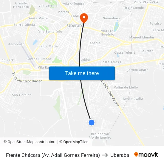 Frente Chácara (Av. Adail Gomes Ferreira) to Uberaba map