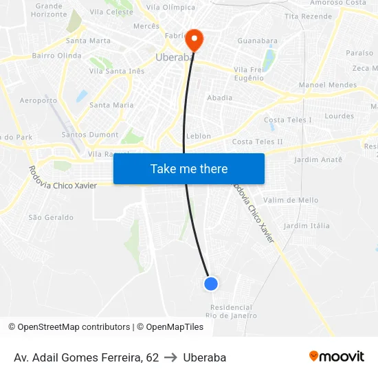 Av. Adail Gomes Ferreira, 62 to Uberaba map