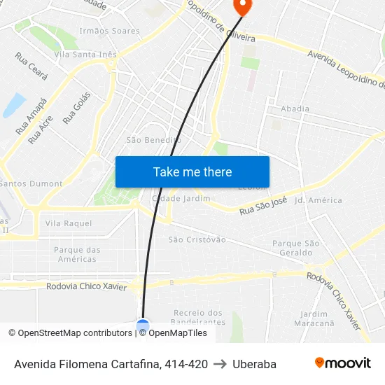 Avenida Filomena Cartafina, 414-420 to Uberaba map