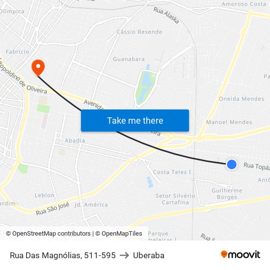 Rua Das Magnólias, 511-595 to Uberaba map