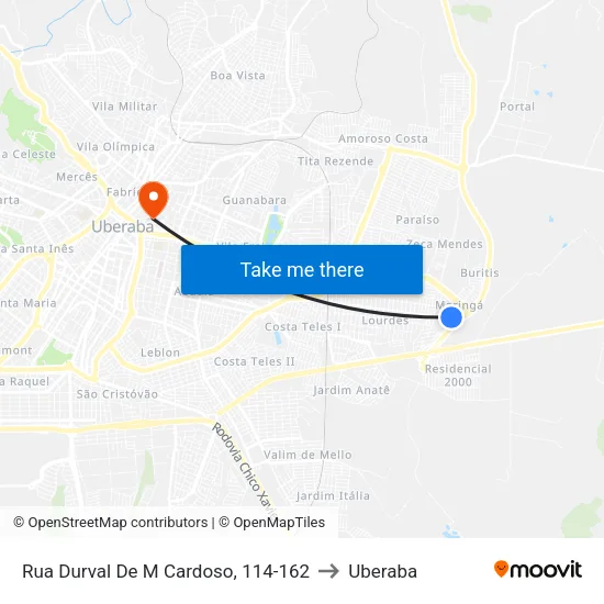 Rua Durval De M Cardoso, 114-162 to Uberaba map