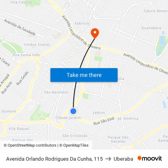 Avenida Orlando Rodrigues Da Cunha, 115 to Uberaba map