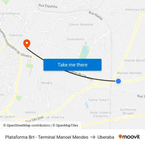 Plataforma Brt - Terminal Manoel Mendes to Uberaba map