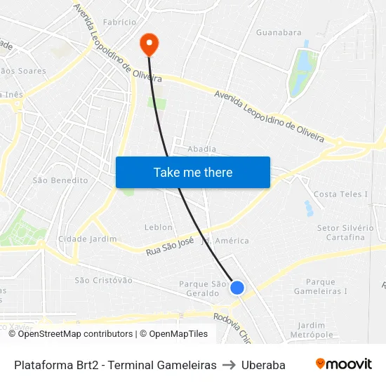 Plataforma Brt2 - Terminal Gameleiras to Uberaba map