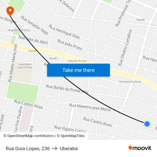 Rua Guia Lopes, 236 to Uberaba map