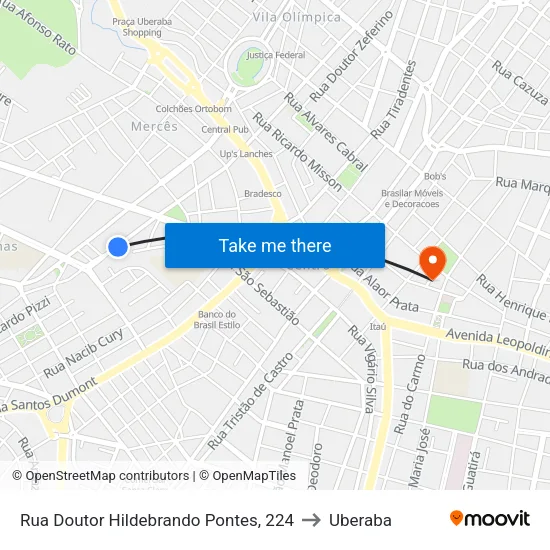 Rua Doutor Hildebrando Pontes, 224 to Uberaba map