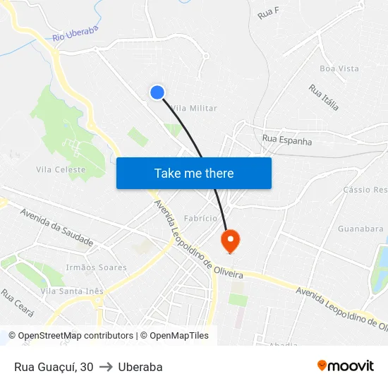 Rua Guaçuí, 30 to Uberaba map