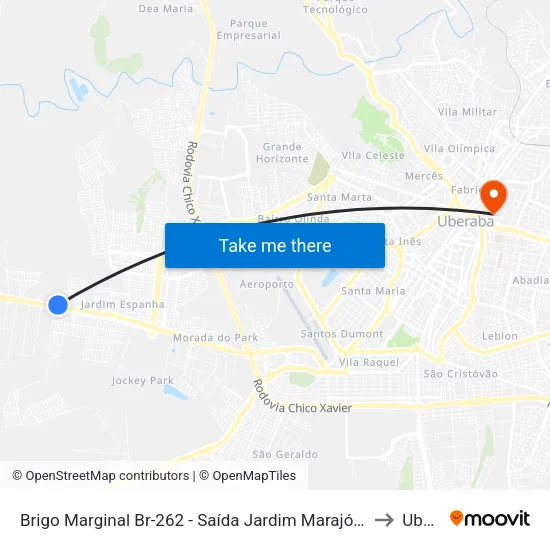 Brigo Marginal Br-262 - Saída Jardim Marajó (Av. Ana Nogueira Abocater) to Uberaba map