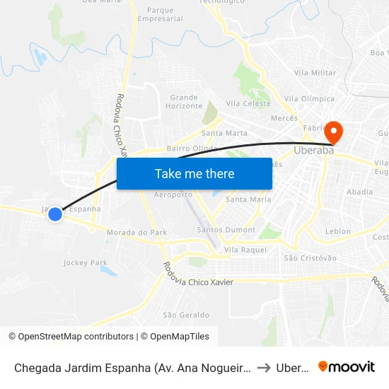 Chegada Jardim Espanha (Av. Ana Nogueira Abocater) to Uberaba map