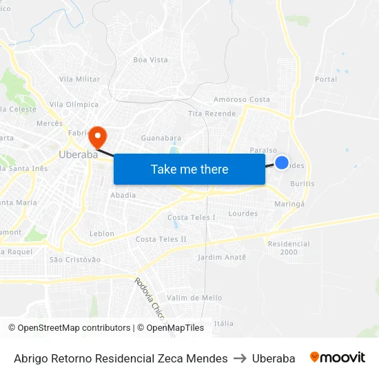 Abrigo Retorno Residencial Zeca Mendes to Uberaba map