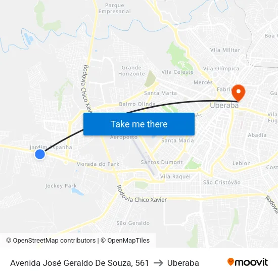 Avenida José Geraldo De Souza, 561 to Uberaba map