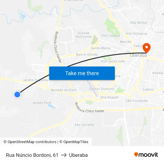 Rua Núncio Bordoni, 61 to Uberaba map