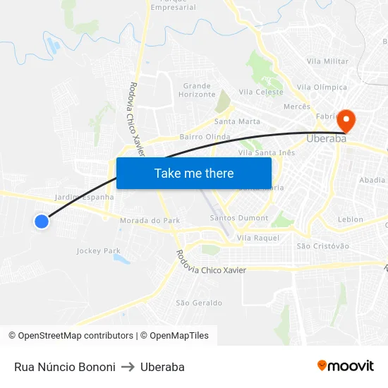 Rua Núncio Bononi to Uberaba map