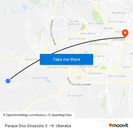 Parque Dos Girassóis 3 to Uberaba map