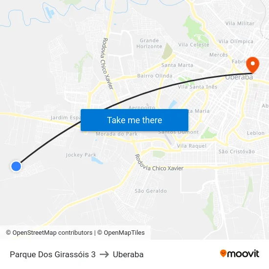 Parque Dos Girassóis 3 to Uberaba map