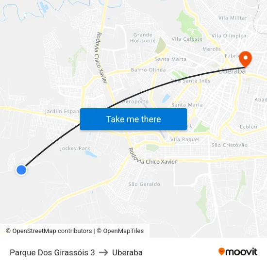 Parque Dos Girassóis 3 to Uberaba map