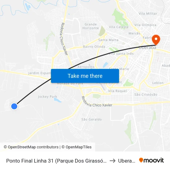 Ponto Final Linha 31 (Parque Dos Girassóis 3) to Uberaba map