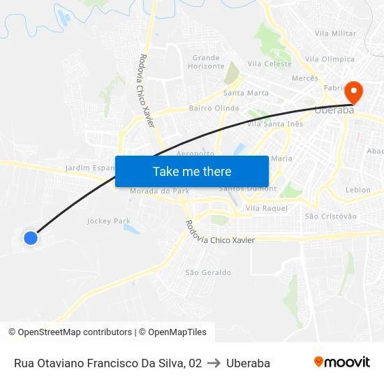 Rua Otaviano Francisco Da Silva, 02 to Uberaba map