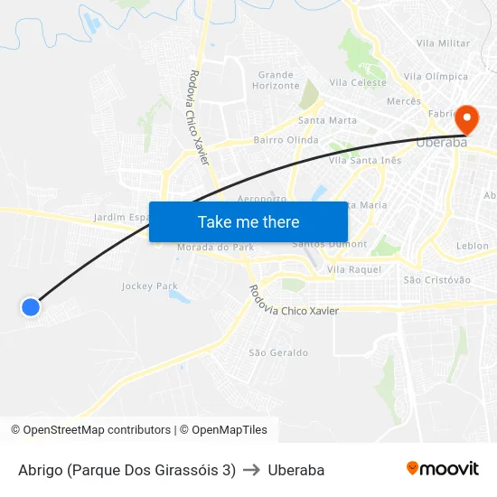 Abrigo (Parque Dos Girassóis 3) to Uberaba map
