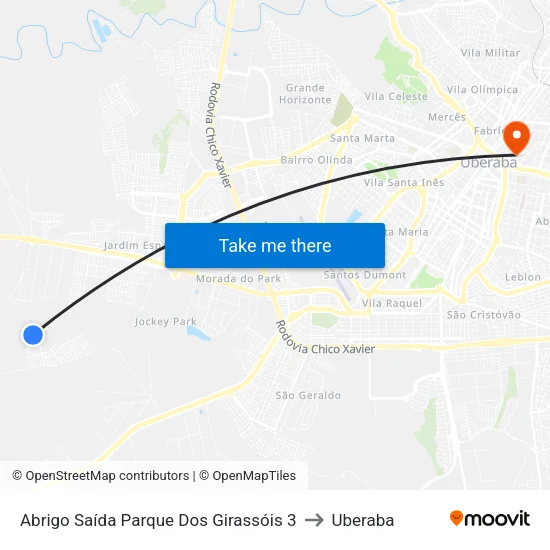 Abrigo Saída Parque Dos Girassóis 3 to Uberaba map