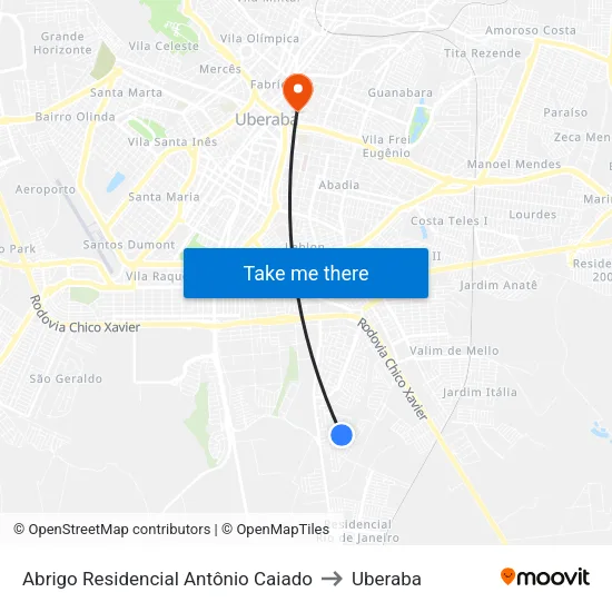 Abrigo Residencial Antônio Caiado to Uberaba map