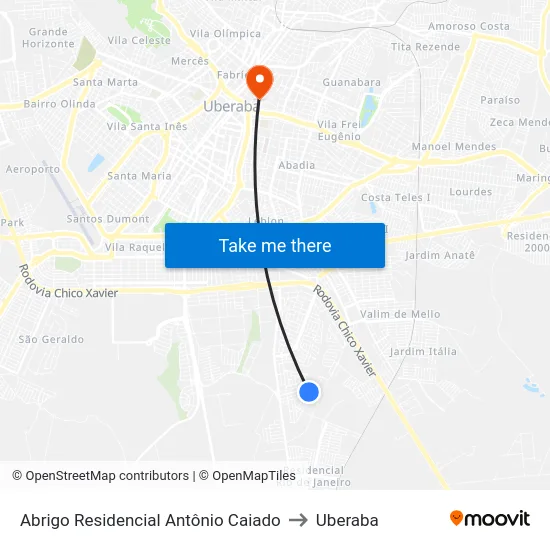 Abrigo Residencial Antônio Caiado to Uberaba map