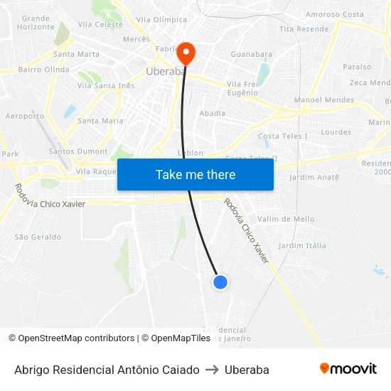 Abrigo Residencial Antônio Caiado to Uberaba map