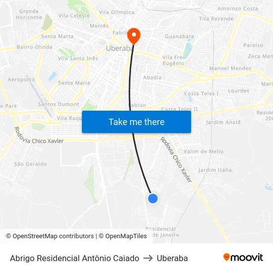 Abrigo Residencial Antônio Caiado to Uberaba map