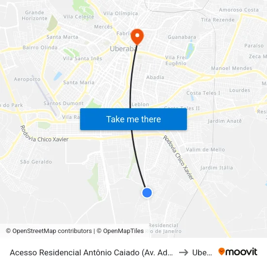Av. Adail Gomes Ferreira, 801 to Uberaba map