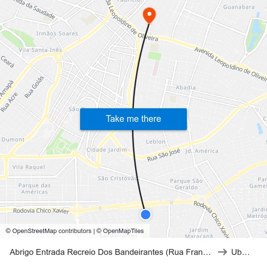 Abrigo Entrada Recreio Dos Bandeirantes (Rua Francisco Corrêa Costa Júnior) to Uberaba map