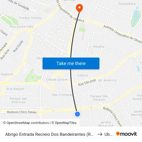 Abrigo Entrada Recreio Dos Bandeirantes (Rua Francisco Corrêa Costa Júnior) to Uberaba map