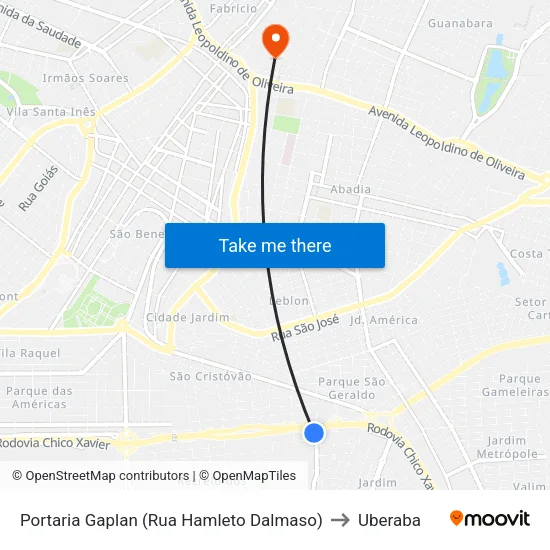 Portaria Gaplan (Rua Hamleto Dalmaso) to Uberaba map