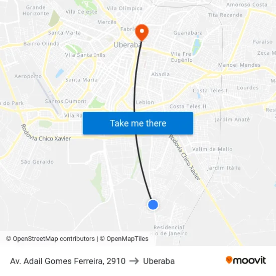 Av. Adail Gomes Ferreira, 2910 to Uberaba map