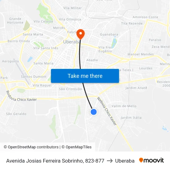 Avenida Josias Ferreira Sobrinho, 823-877 to Uberaba map