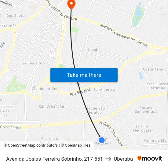 Avenida Josias Ferreira Sobrinho, 217-551 to Uberaba map