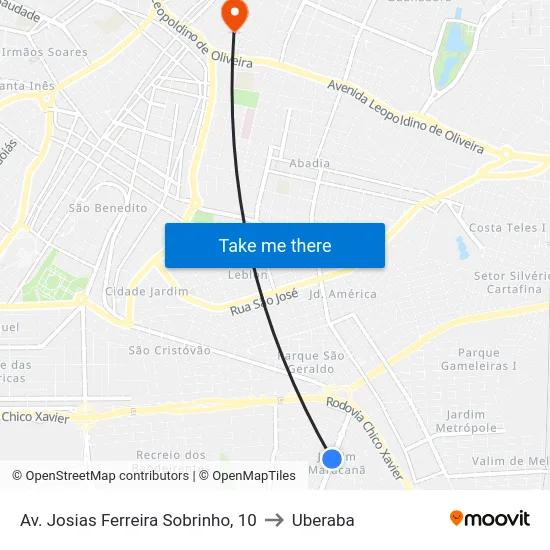 Av. Josias Ferreira Sobrinho, 10 to Uberaba map