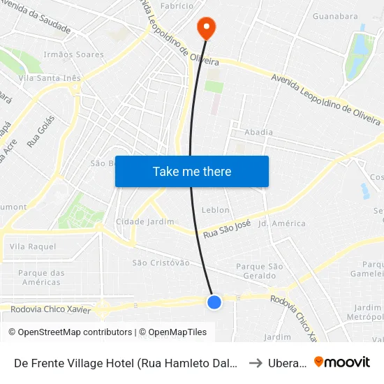 De Frente Village Hotel (Rua Hamleto Dalmaso) to Uberaba map