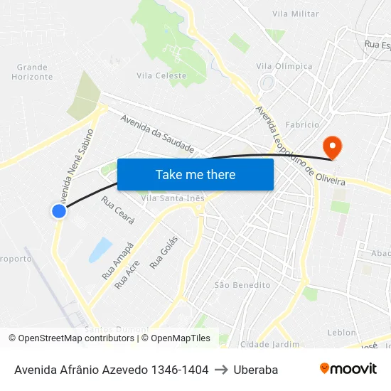 Avenida Afrânio Azevedo 1346-1404 to Uberaba map