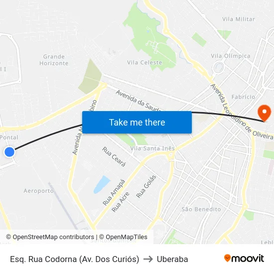 Esq. Rua Codorna (Av. Dos Curiós) to Uberaba map