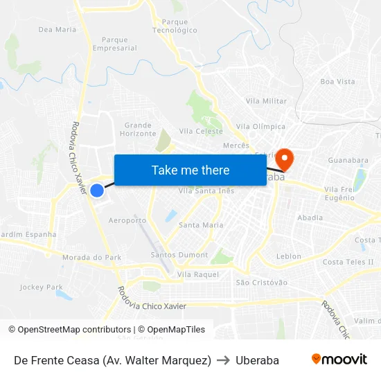De Frente Ceasa (Av. Walter Marquez) to Uberaba map