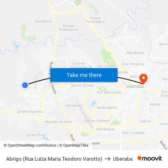 Abrigo (Rua Luíza Maria Teodoro Varotto) to Uberaba map