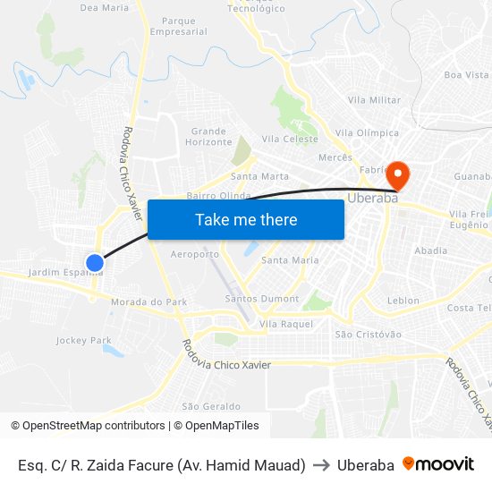 Esq. C/ R. Zaida Facure (Av. Hamid Mauad) to Uberaba map