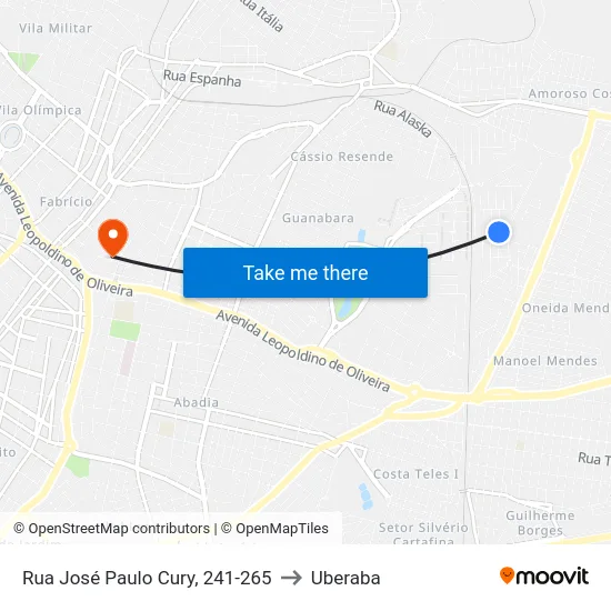 Rua José Paulo Cury, 241-265 to Uberaba map